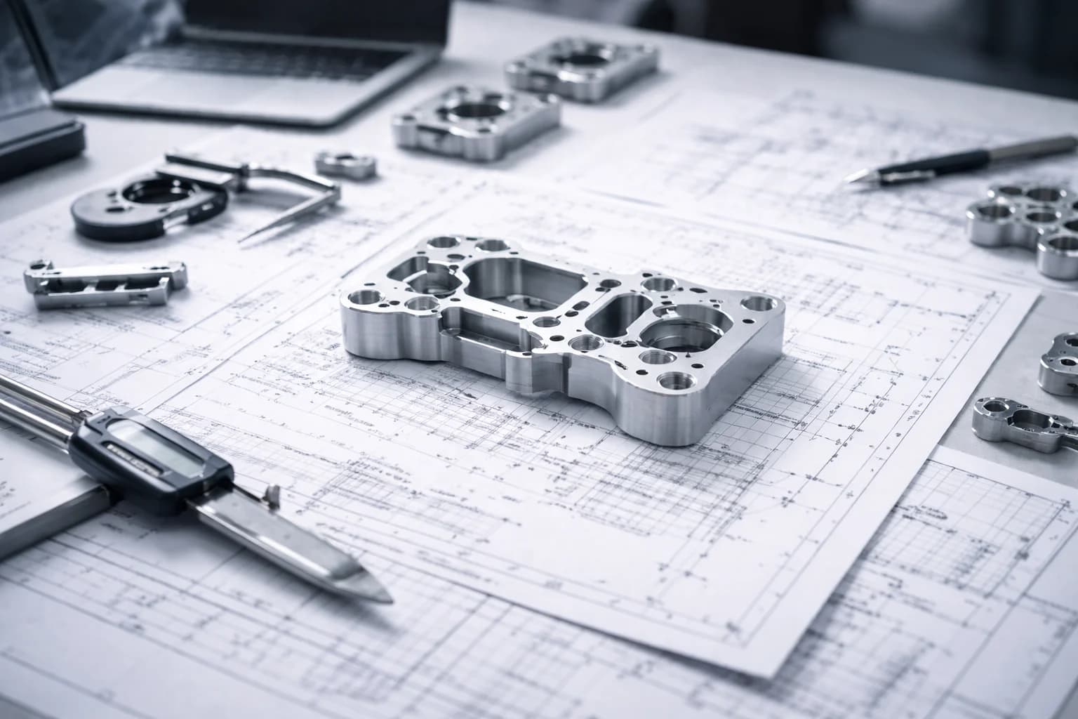 Precision machined component placed on engineering drawing