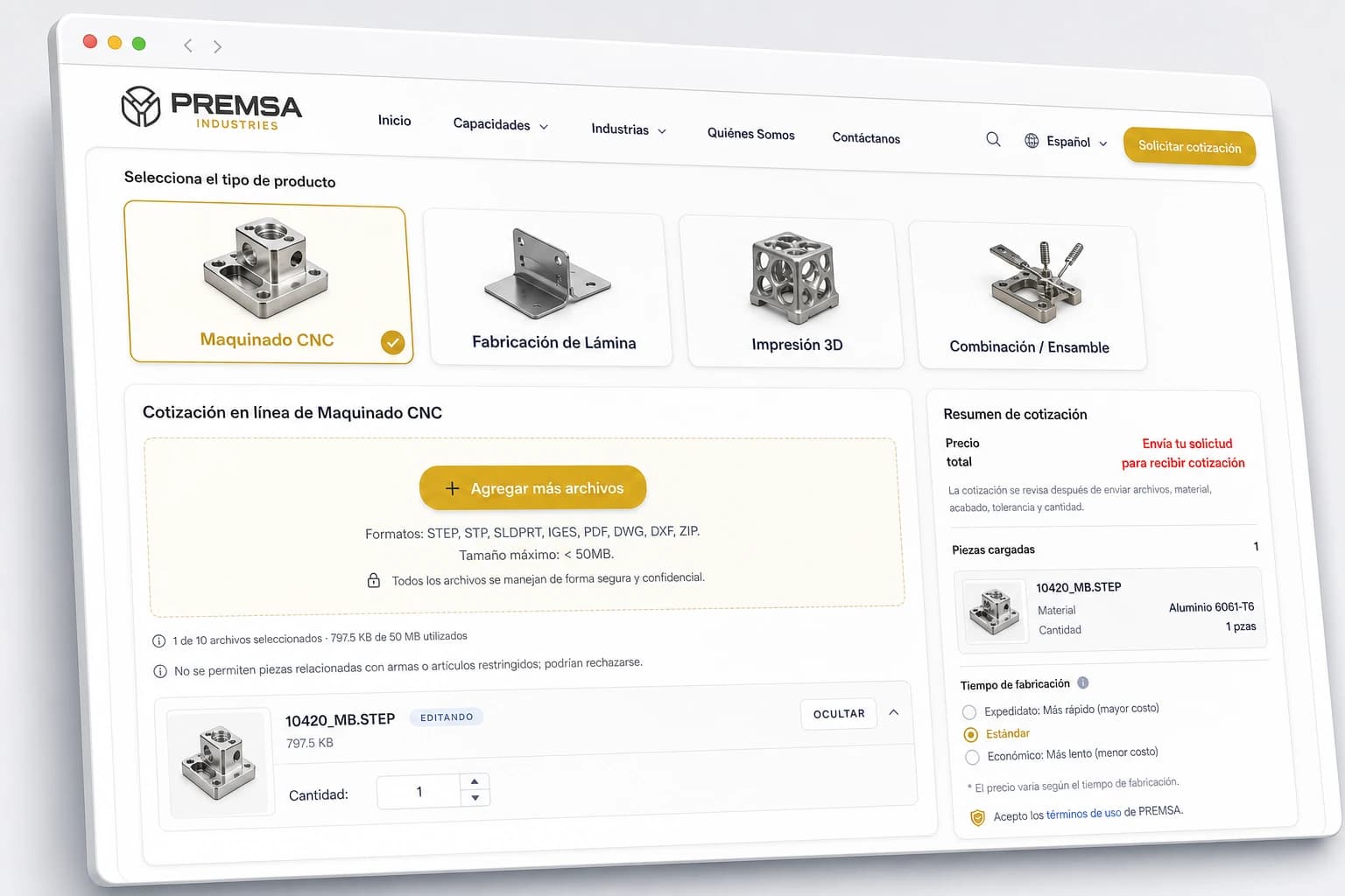 Close-up of PREMSA's online quote tool: CNC machining quote with STEP file uploaded, 3D part view, material selector, and quantity set to 1 part in the summary