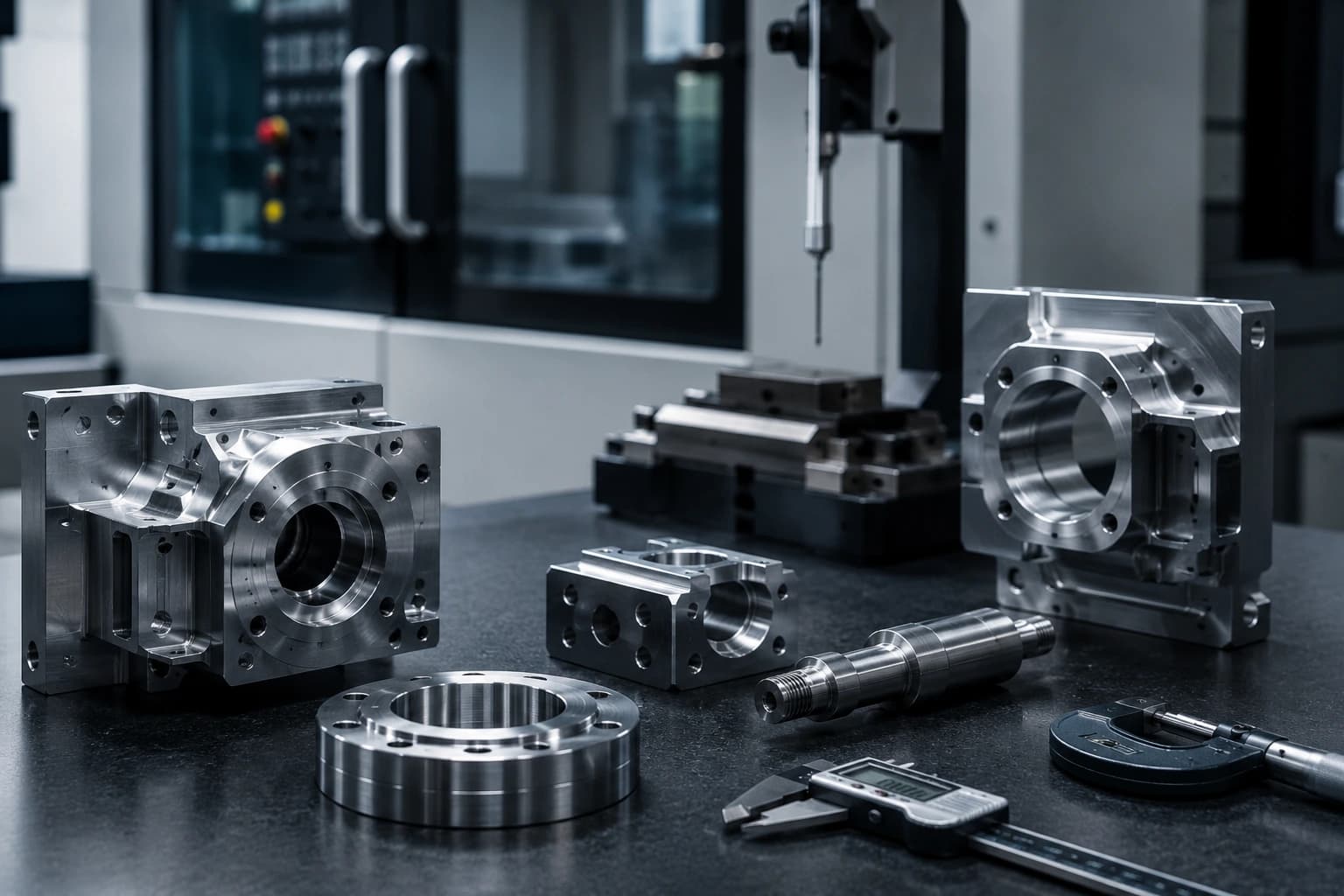 Dimensional inspection with CMM on a CNC-machined part for industrial quality control