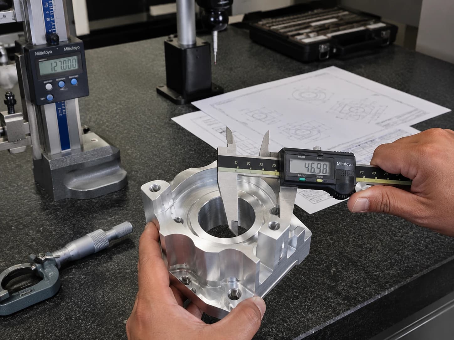 Dimensional inspection of CNC machined part with precision instruments