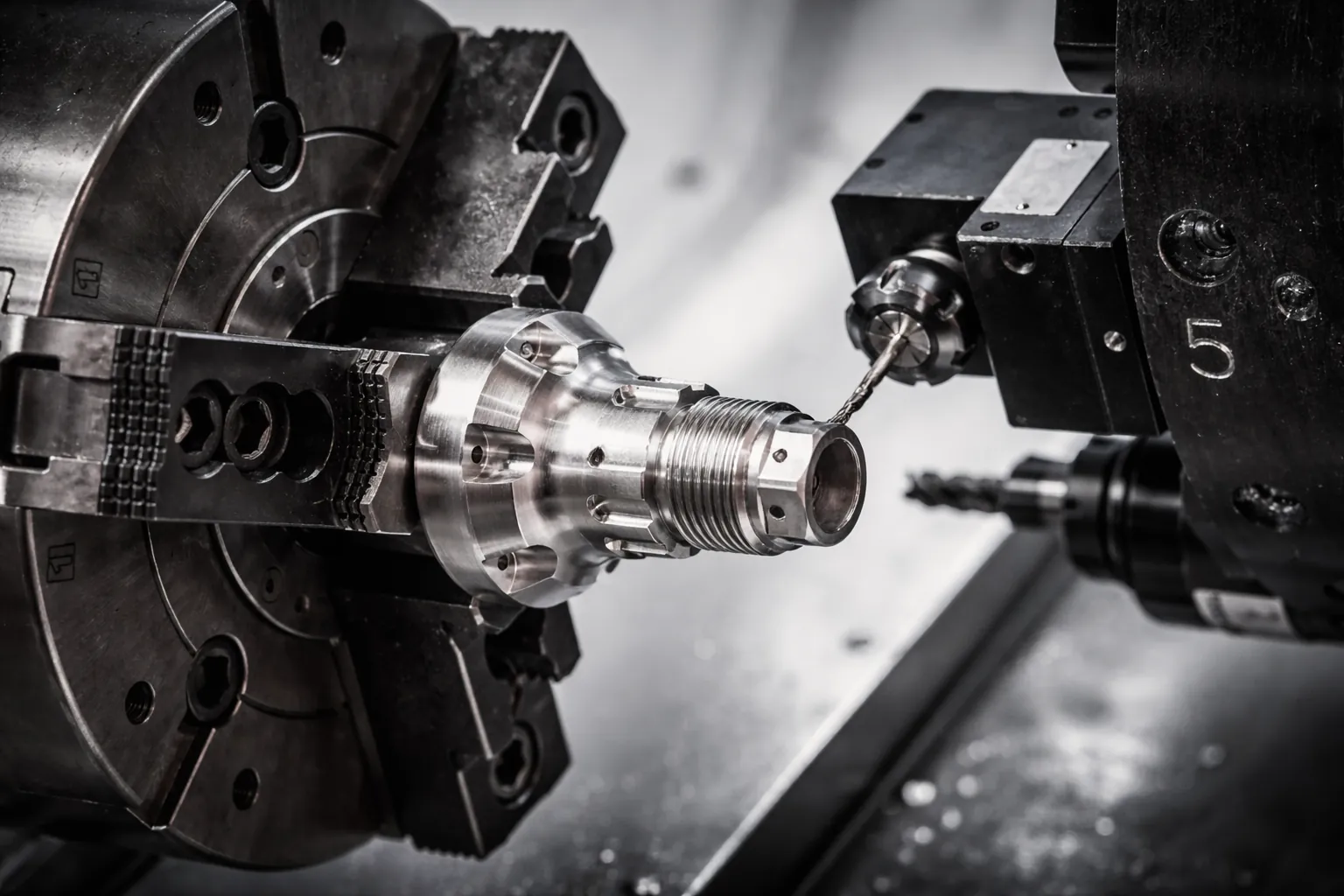 CNC machining process showing precision cutting of a metal part