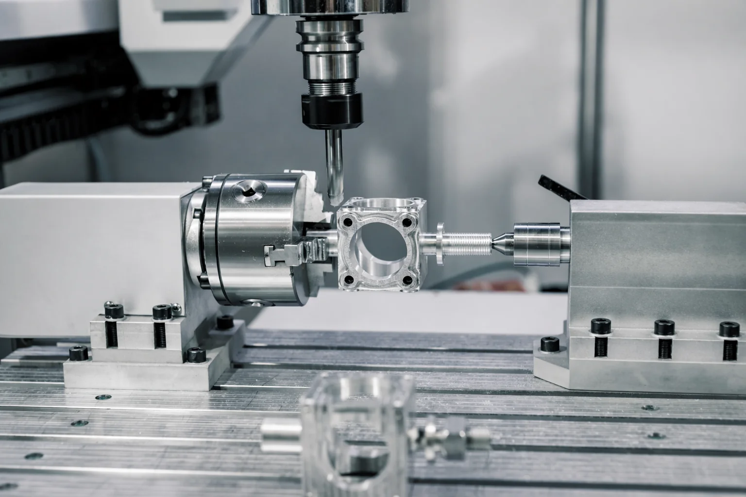 Precision CNC milling machine carving a complex aerospace component from a solid aluminum block