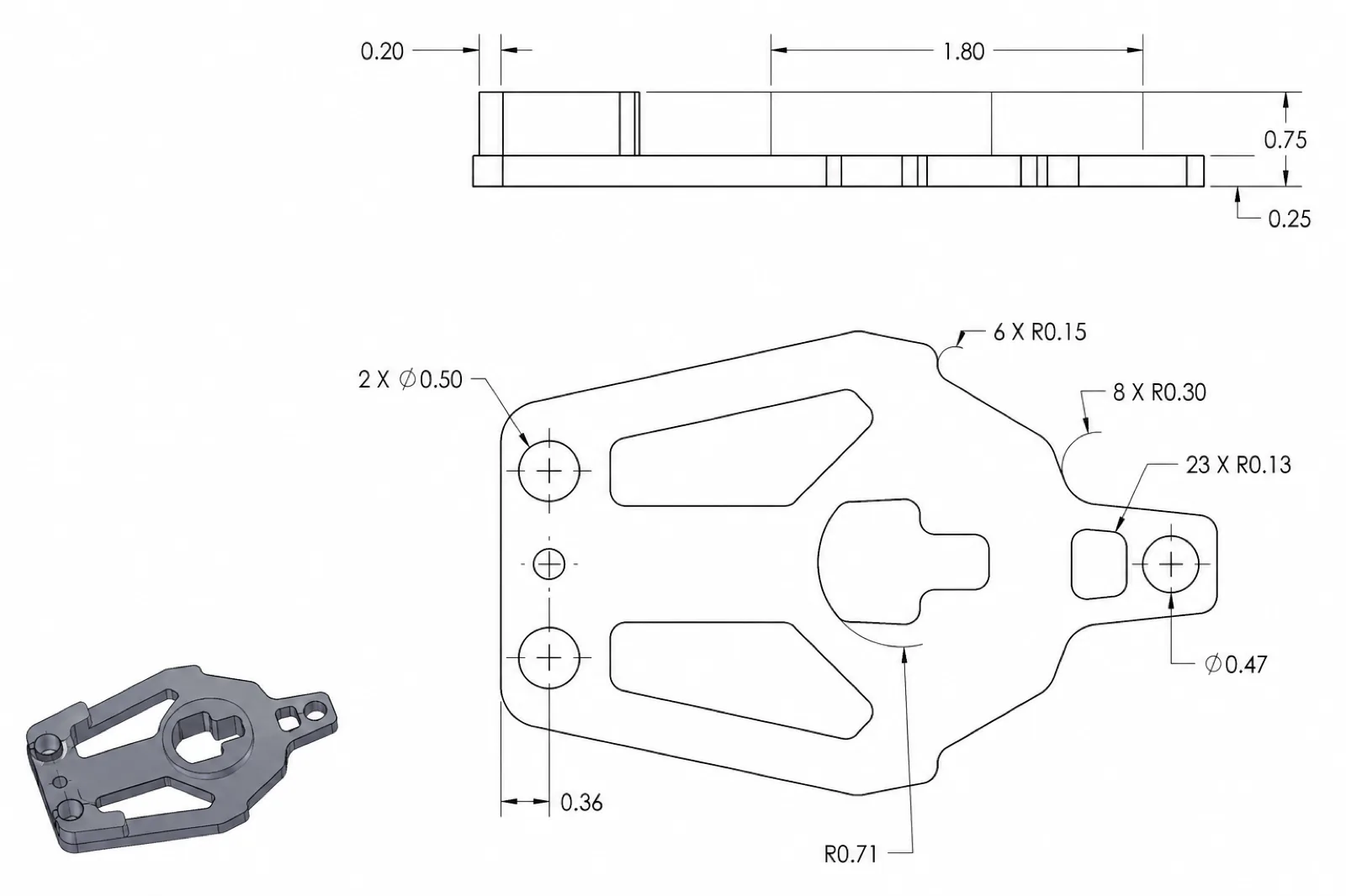 3D CAD model with technical drawing