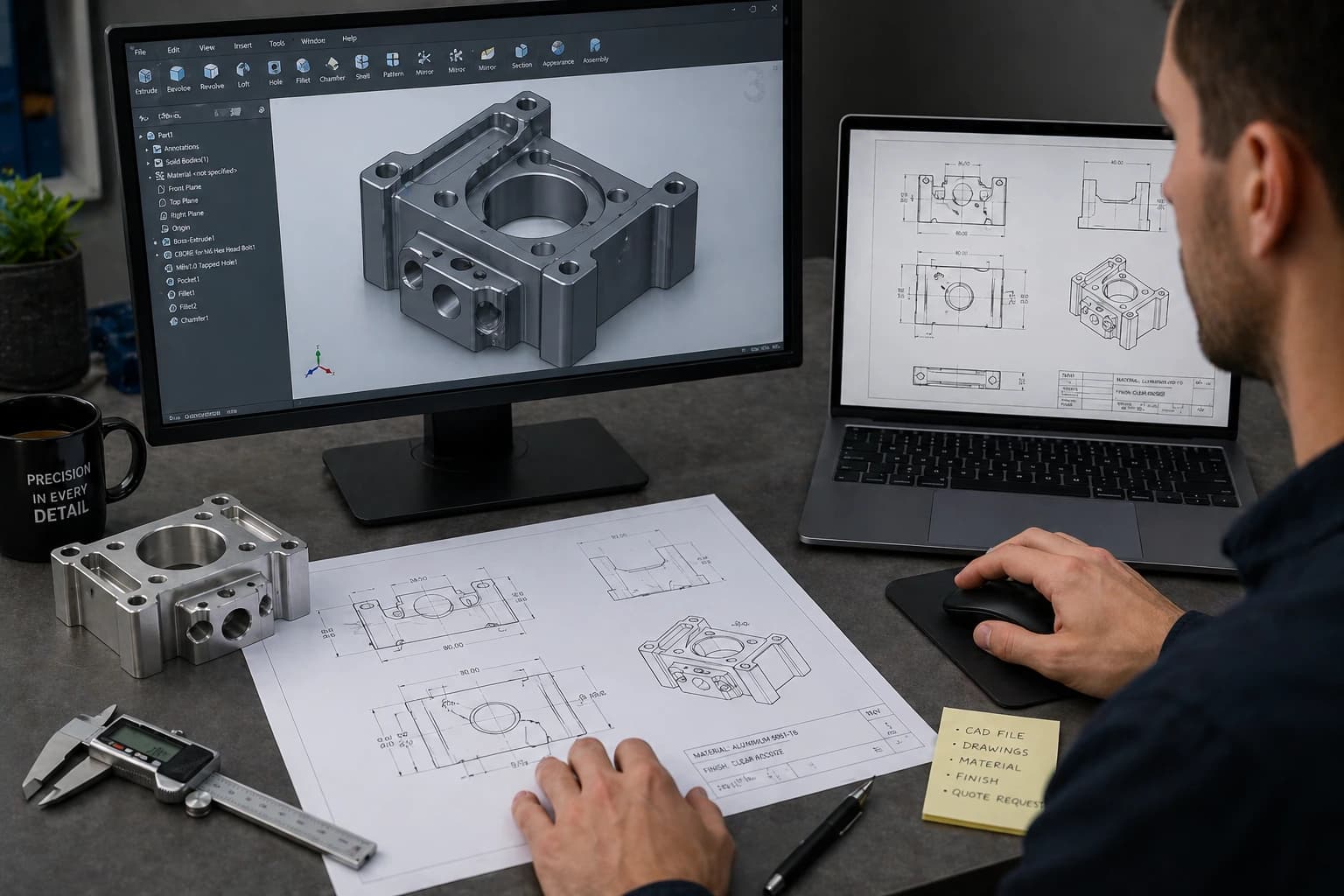 Engineer preparing CAD files and technical drawings for CNC machining quote