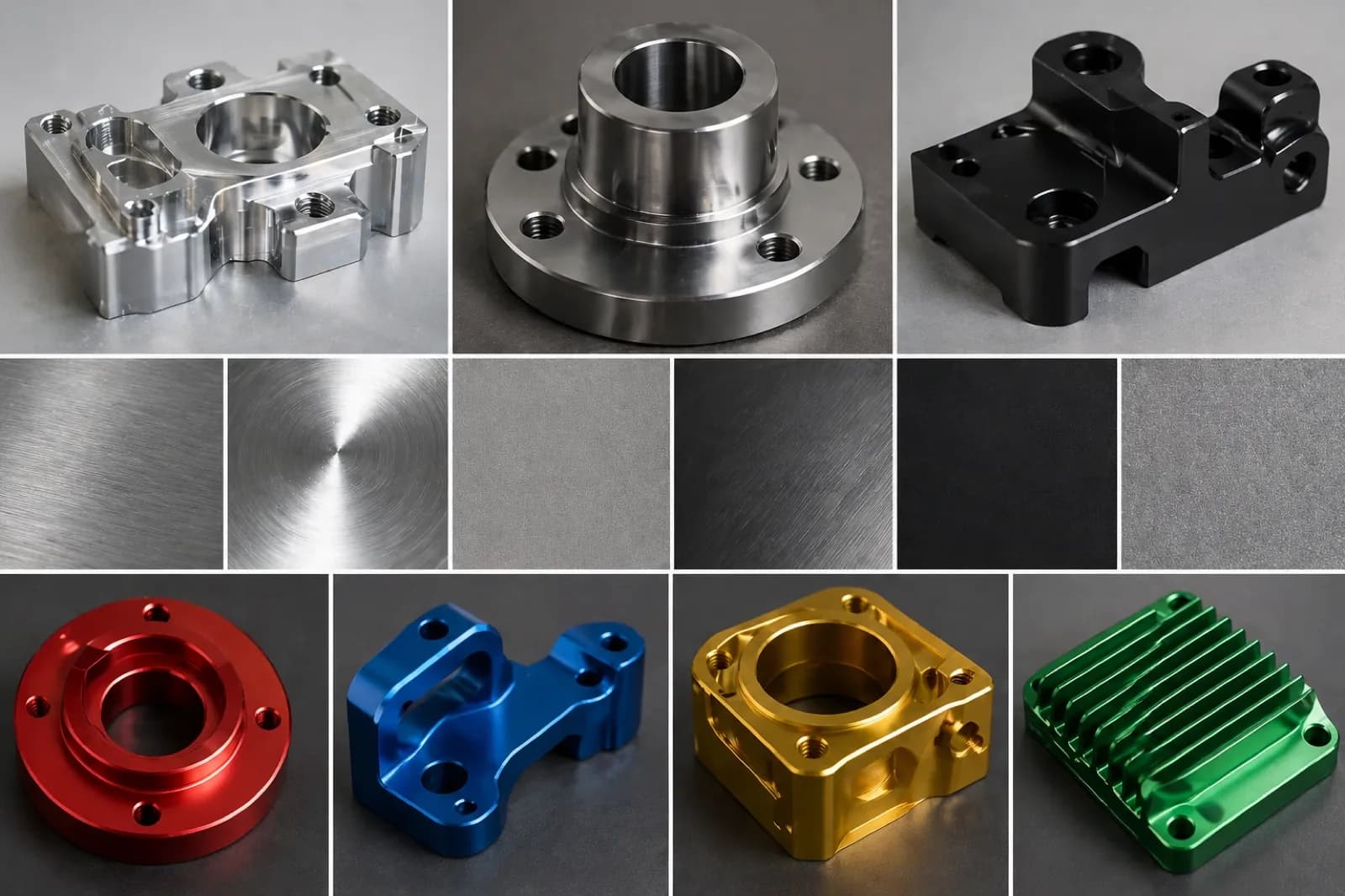 Different CNC machining materials and surface finishes including aluminum, steel, and anodized parts