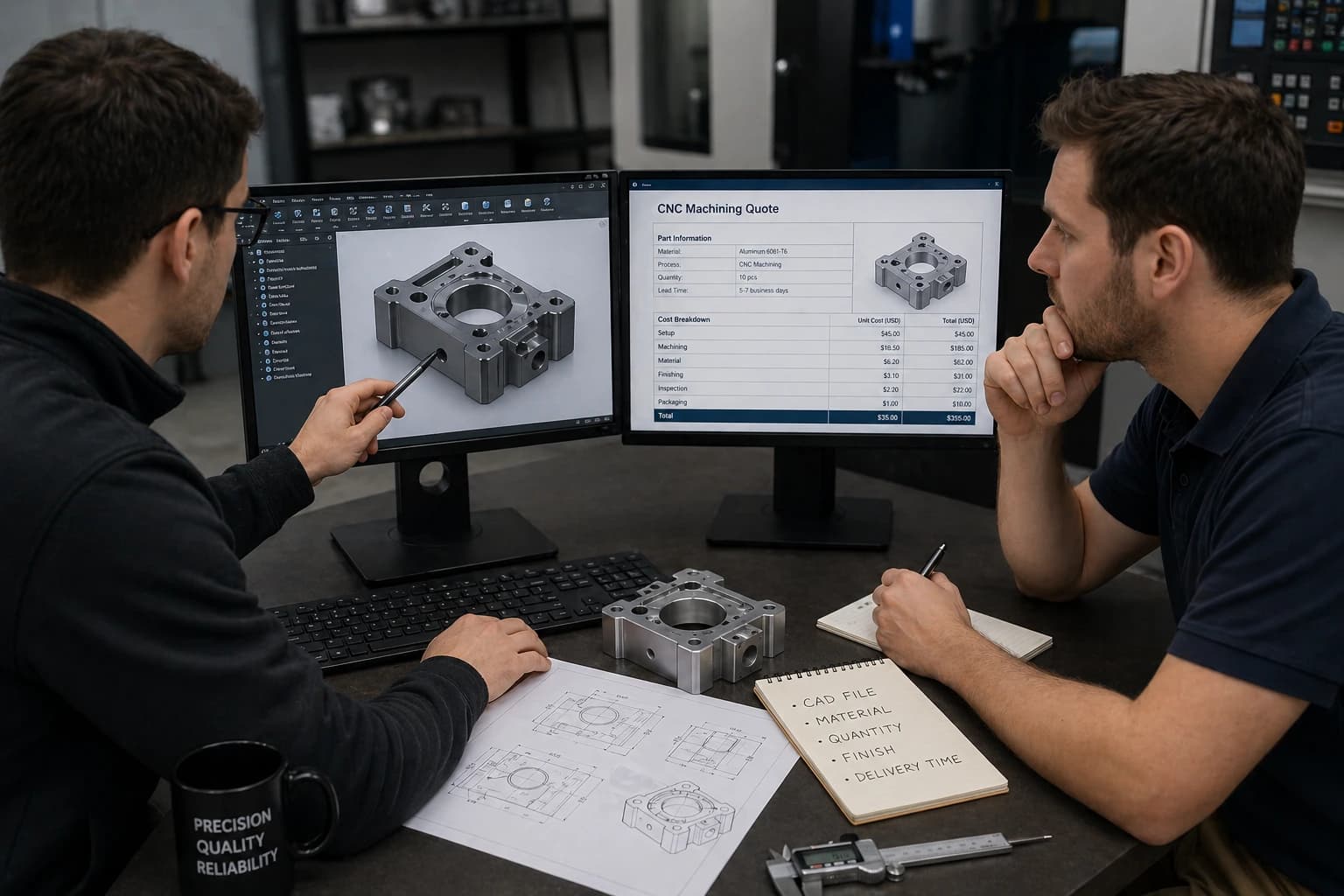 Engineering team reviewing CAD files and preparing CNC machining quote