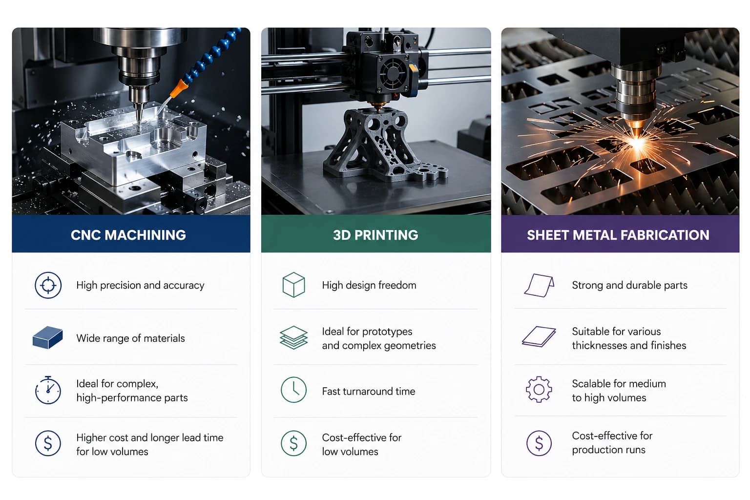 Comparison of CNC machining, 3D printing, and sheet metal fabrication processes