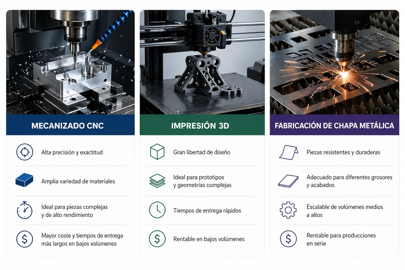 Comparación entre maquinado CNC, impresión 3D y fabricación de lámina