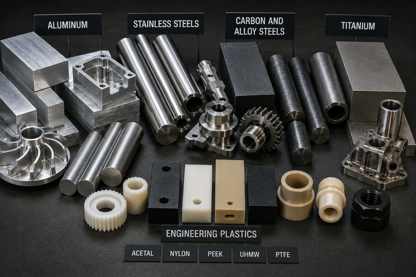 Samples of metal and plastic materials ready for CNC machining