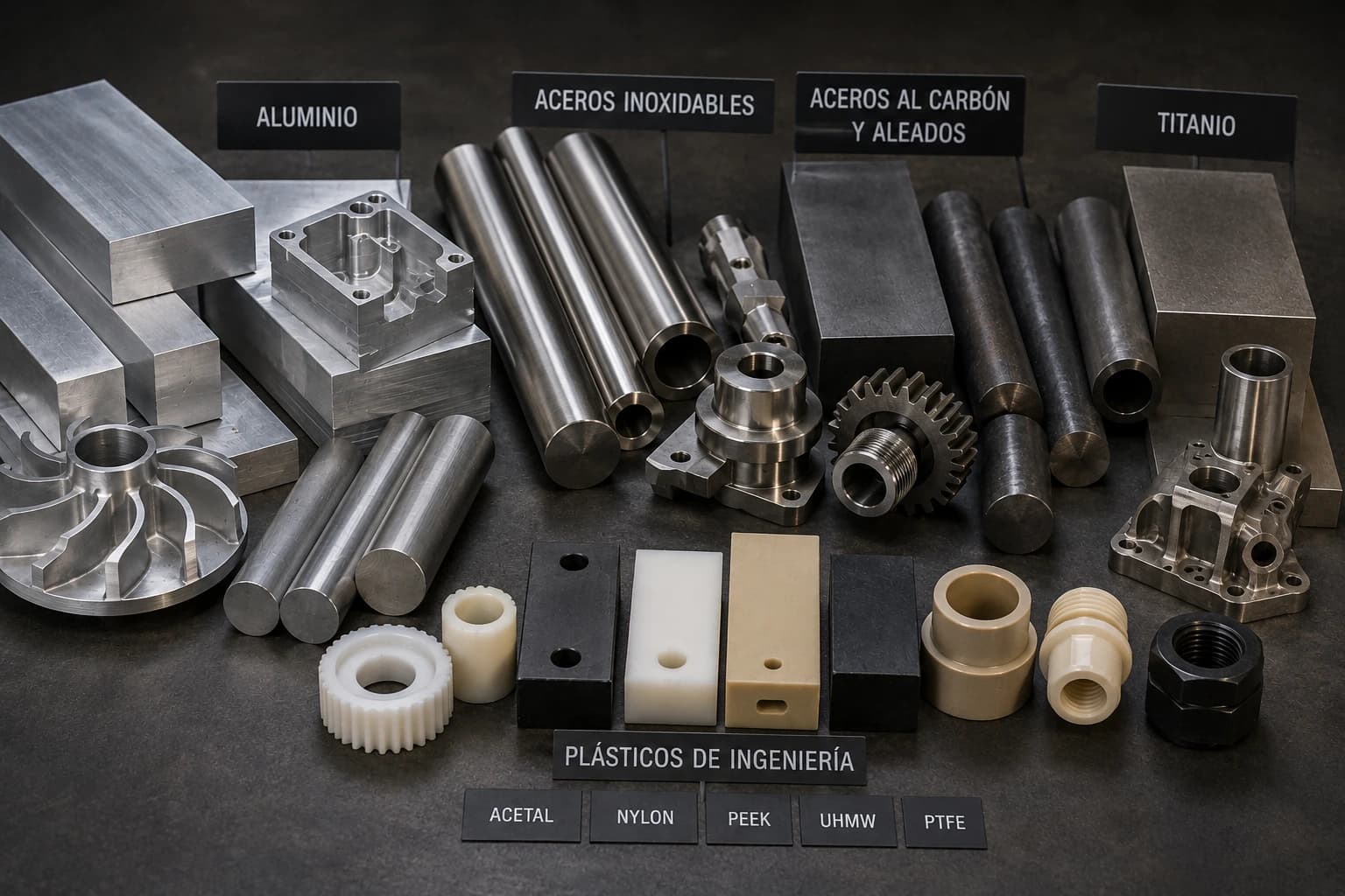 Muestras de materiales metálicos y plásticos listos para maquinado CNC