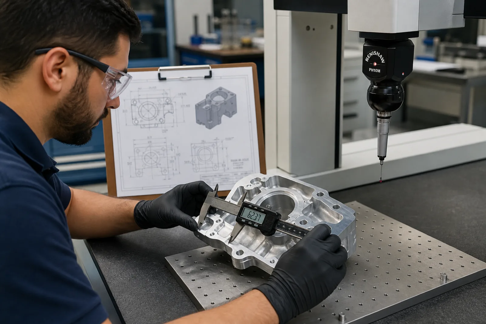 Técnico midiendo pieza CNC con calibrador junto a plano y sonda de CMM