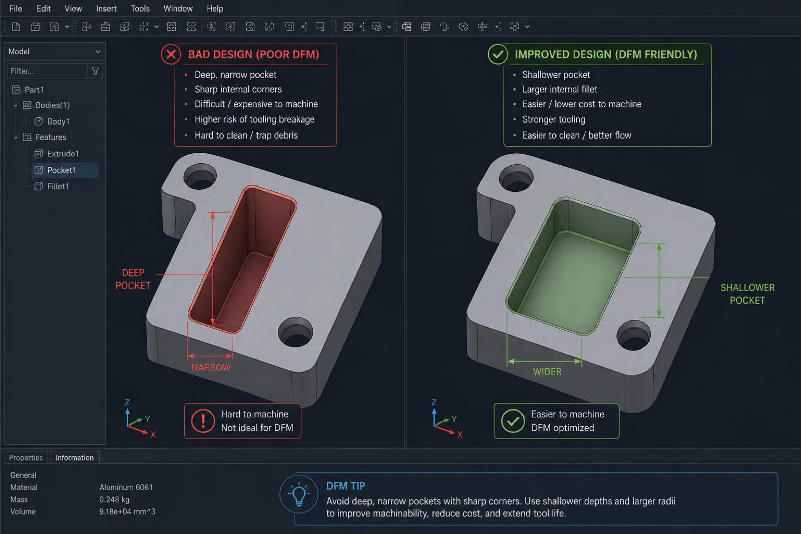 Comparativa CAD de diseño DFM: cavidad profunda vs cavidad optimizada con radios