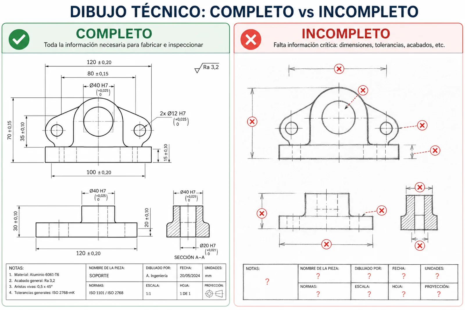 Comparación lado a lado de plano técnico completo vs plano sin cotas críticas