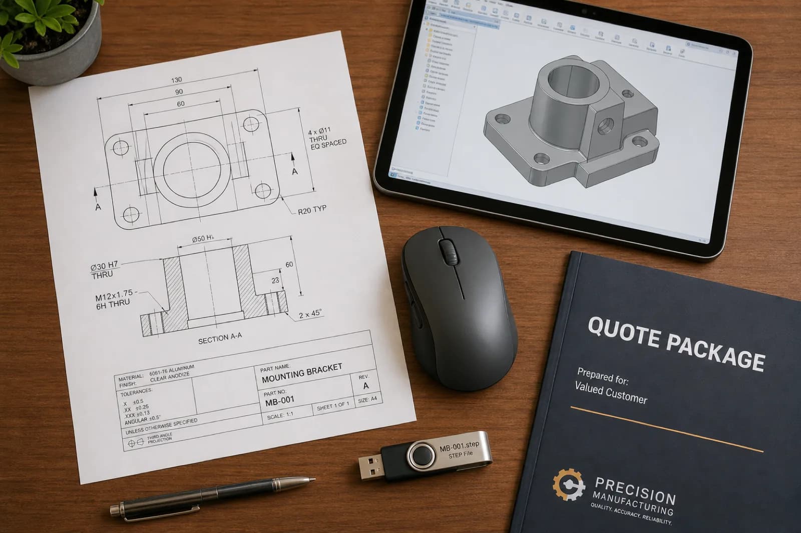Plano impreso, tablet con modelo 3D, USB con archivo STEP y carpeta de cotización