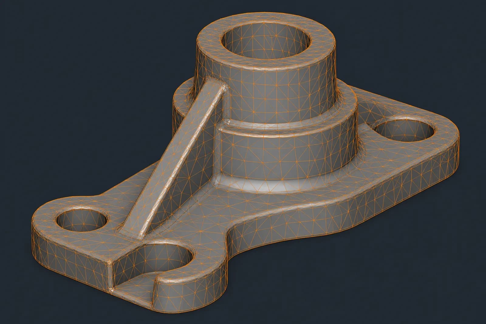 Vista de malla STL con triángulos visibles en pieza 3D