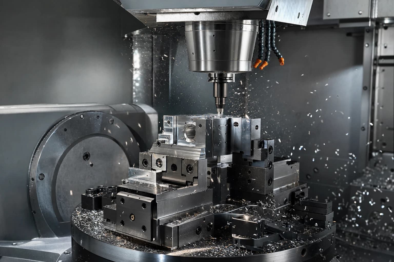 CNC machining center in production with aluminum and steel parts in process