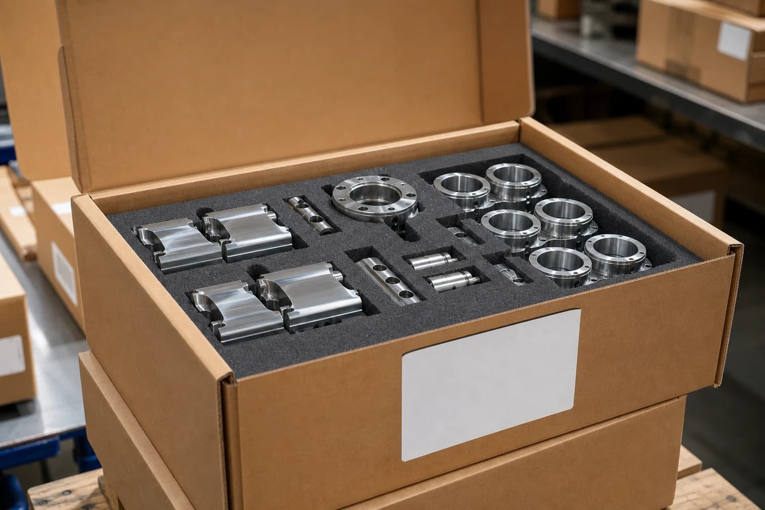 Packaged CNC parts ready to ship with inspection documentation