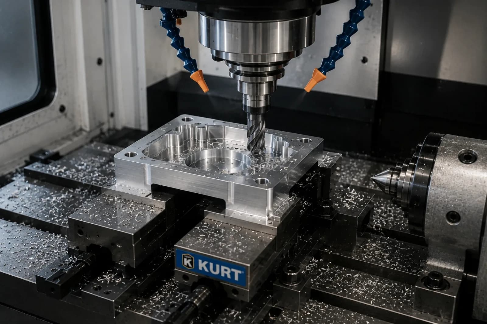 CNC milling center machining an aluminum part with chips and coolant in a low-volume setup