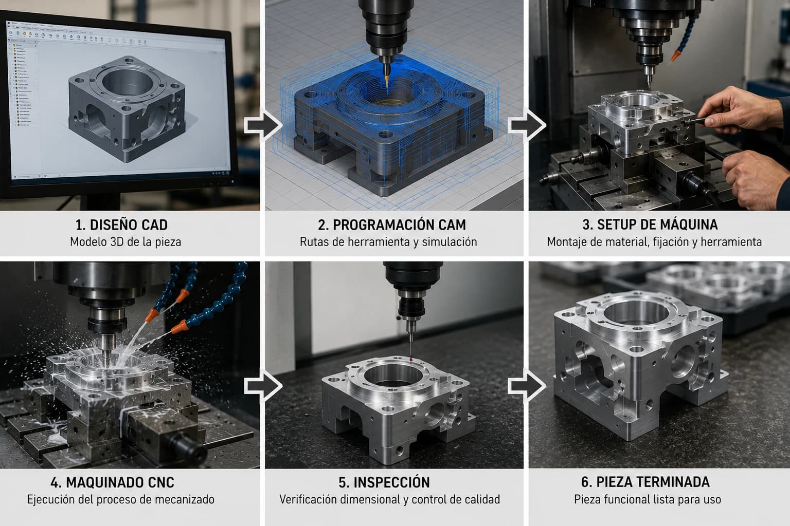 Diagrama del flujo de manufactura CNC: CAD, CAM, setup, maquinado, inspección y pieza terminada