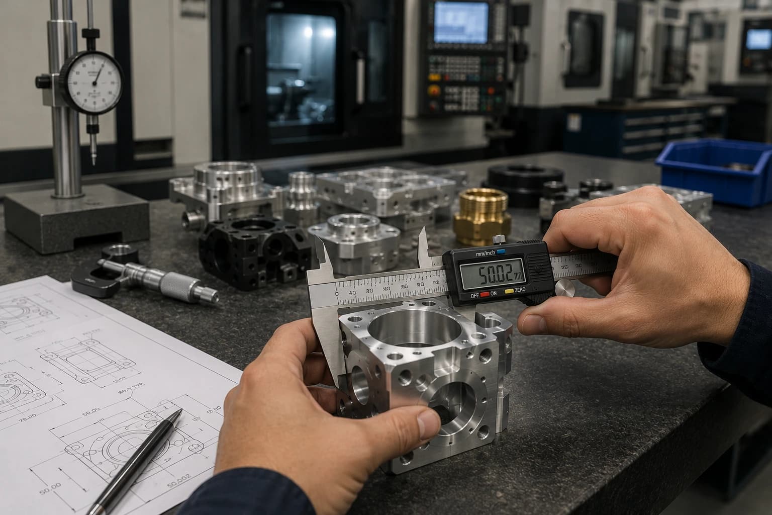 Dimensional inspection of a low-volume CNC part with a micrometer on a granite inspection table