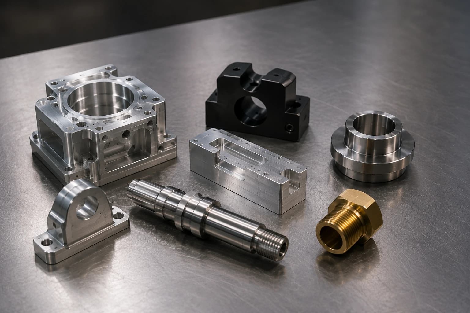 CNC shop view with several different machined parts on a work table in an organized industrial environment