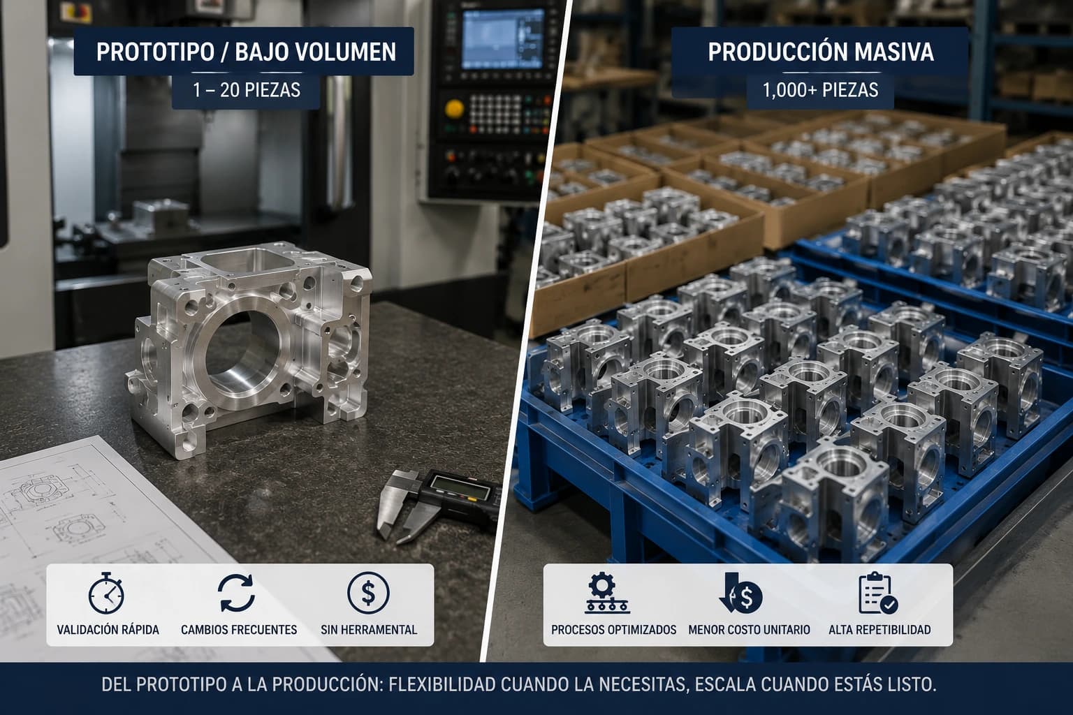 Comparison between a single prototype part on the left and a batch of identical production parts on the right