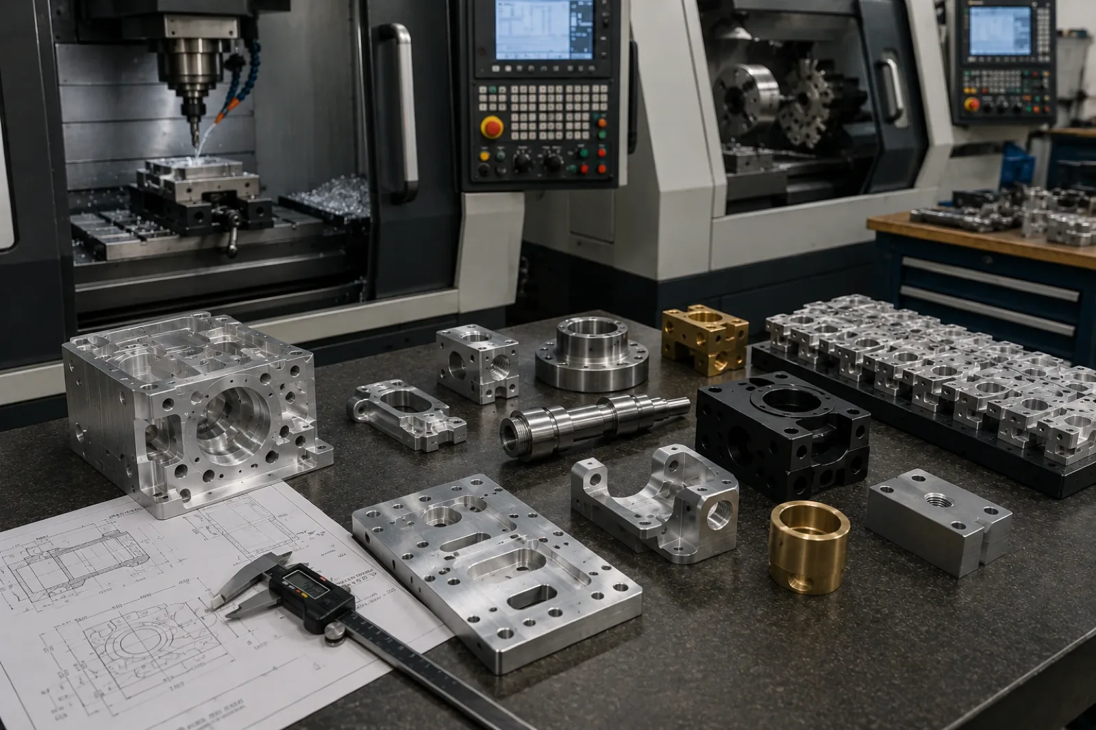 Low-volume machined parts on an inspection table on a CNC production floor