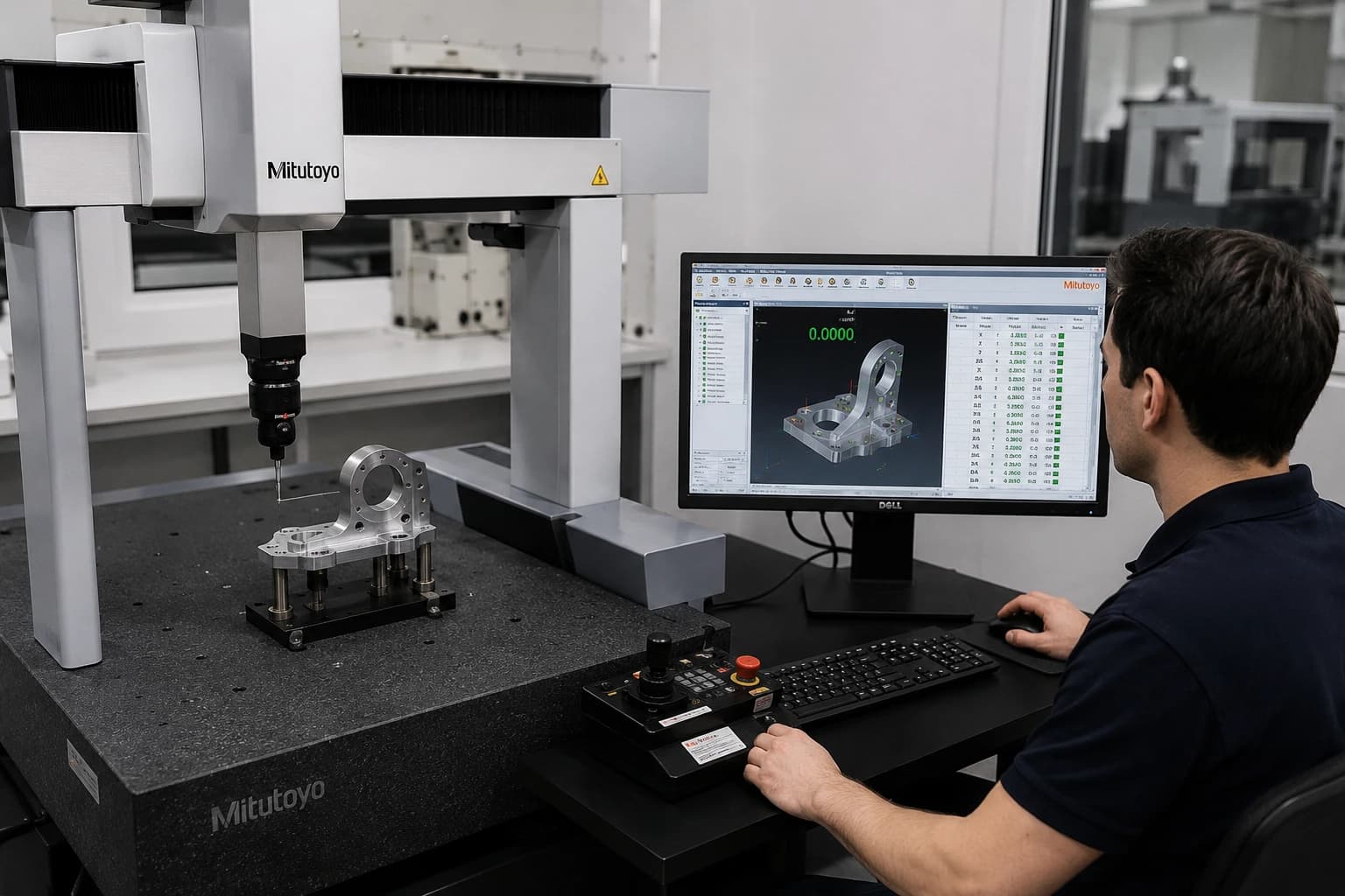 Operator using a coordinate measuring machine (CMM) to inspect a machined part with report on screen