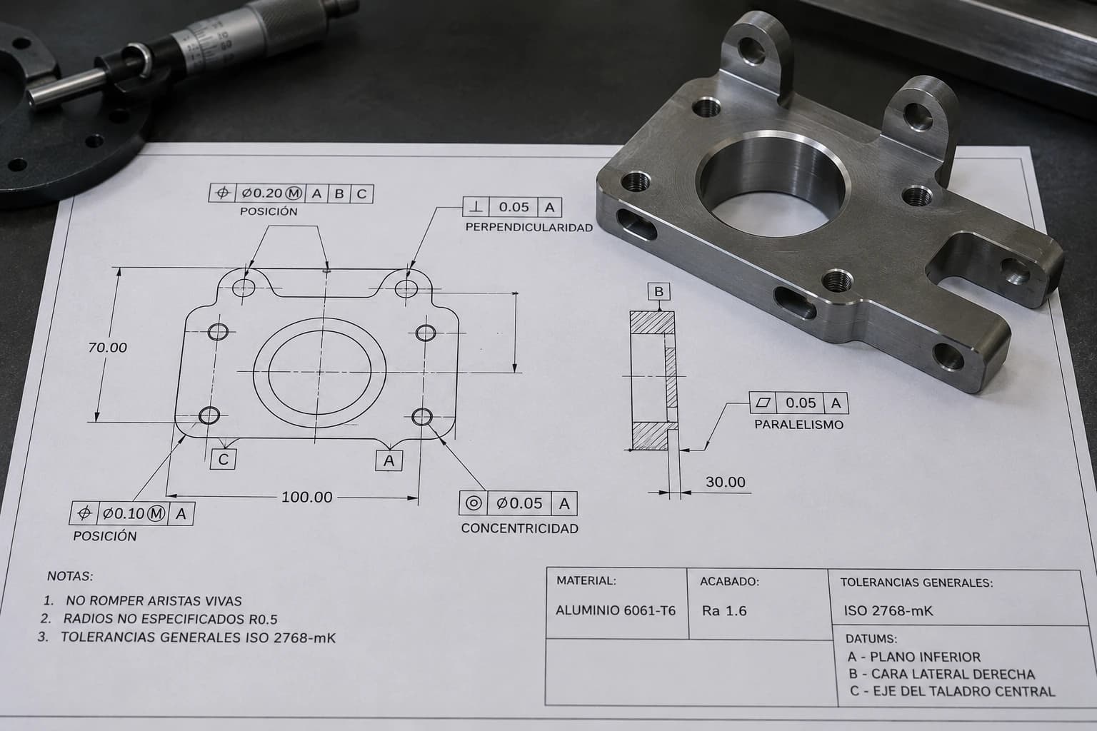 Technical drawing with GD&T symbols: position, perpendicularity, concentricity, and datum references on a machined part
