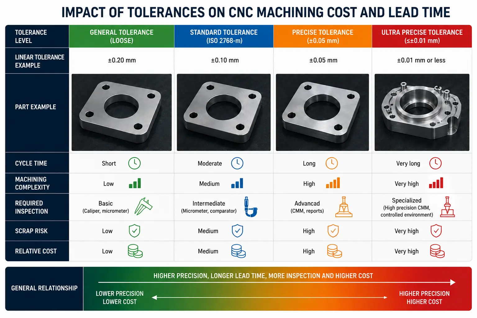 Infographic: tighter tolerance → more machining time, more inspection, higher unit cost