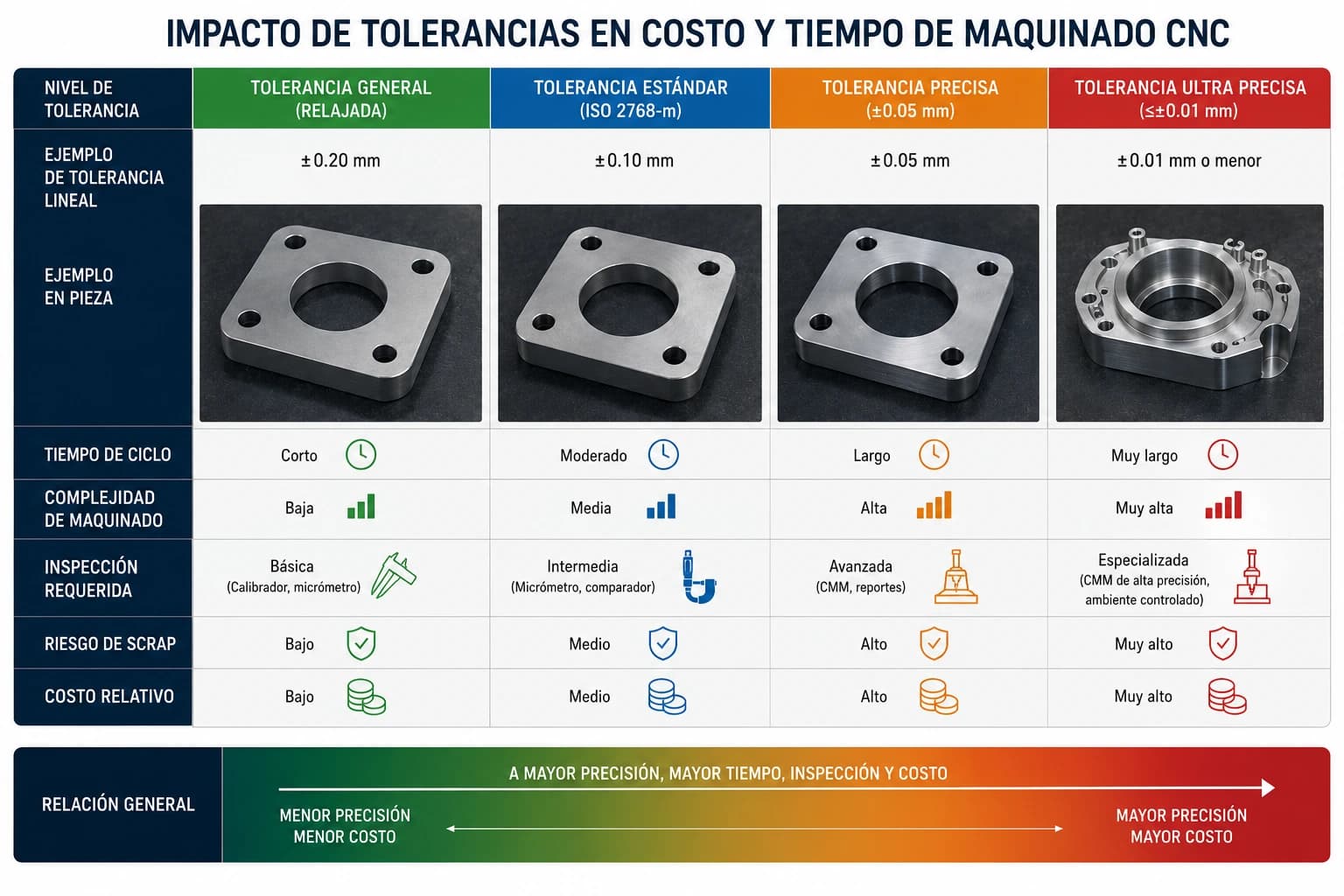 Infografía: tolerancia más estricta → más tiempo de maquinado, más inspección, mayor costo unitario