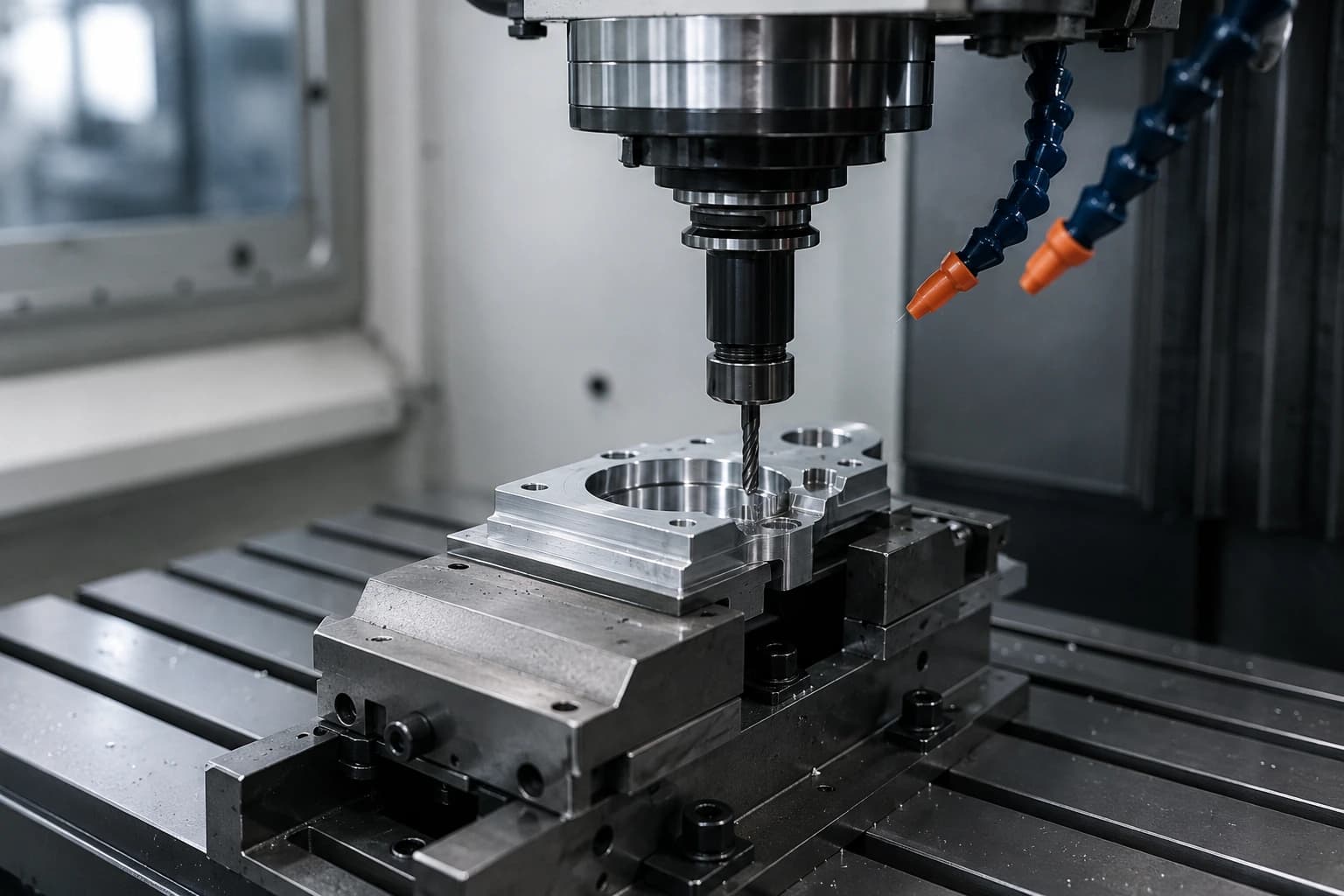 Precision CNC milling center with part in fixture and finishing tool