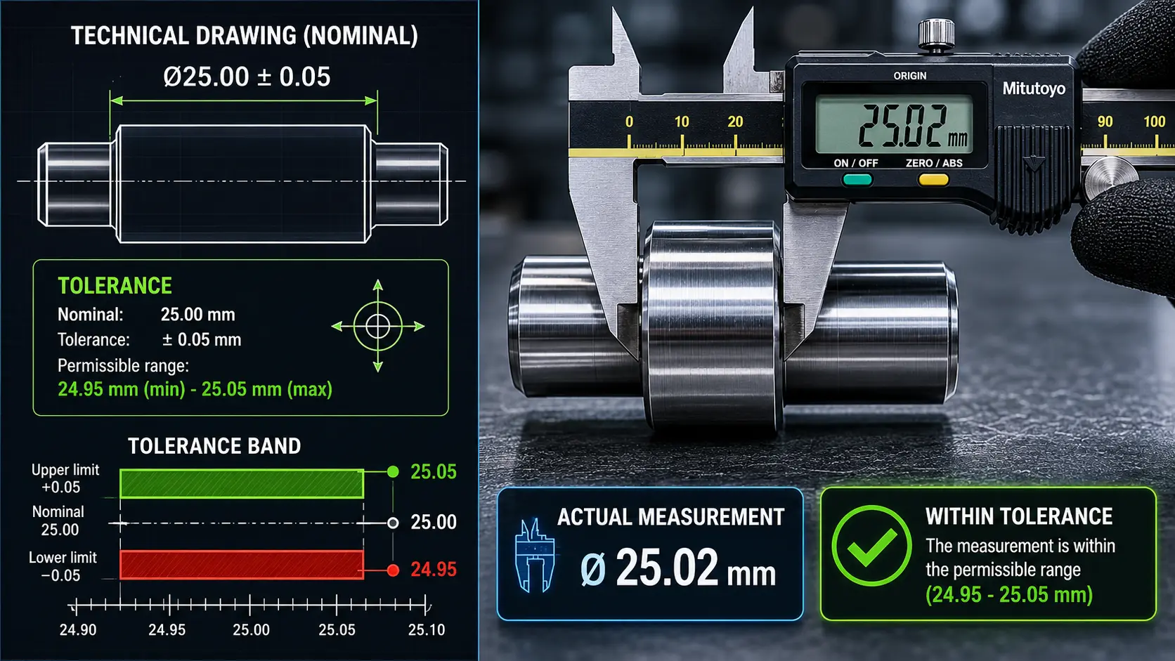 Illustration of nominal dimension vs actual measurement on a machined part with ± tolerance bands indicated on a technical drawing
