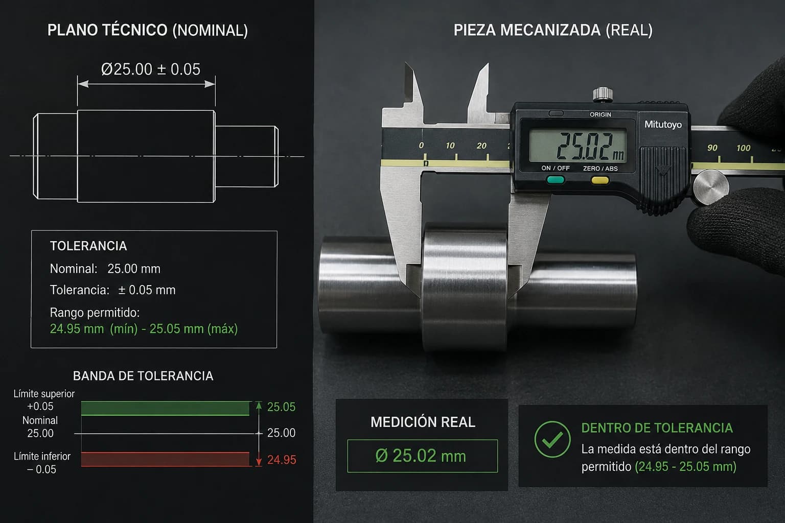 Ilustración de dimensión nominal vs medida real en pieza mecanizada con bandas de tolerancia ± indicadas en dibujo técnico