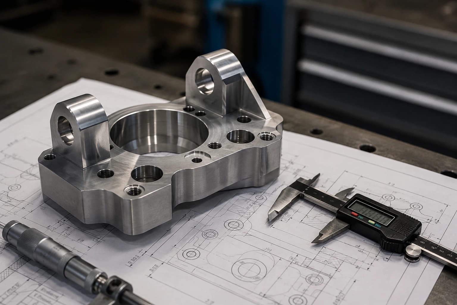 Machined part alongside drawing with GD&T control frame, datums, and feature control frames