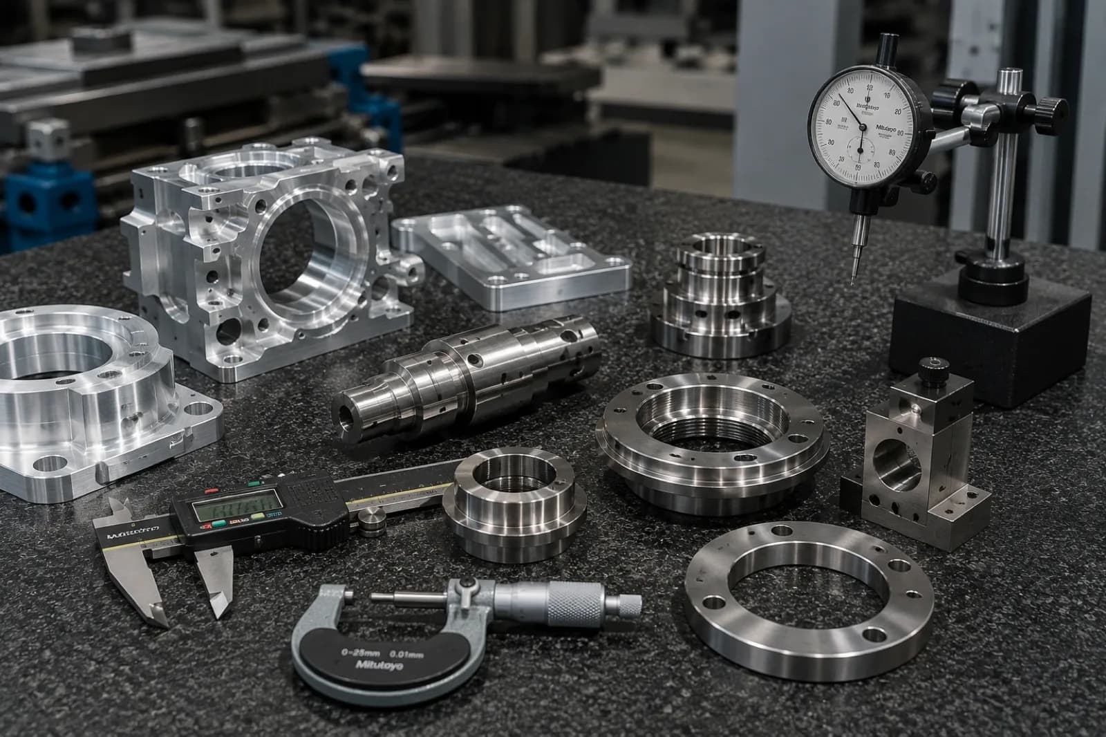 Set of precision machined parts (aluminum and steel) on an inspection table with measurement instruments