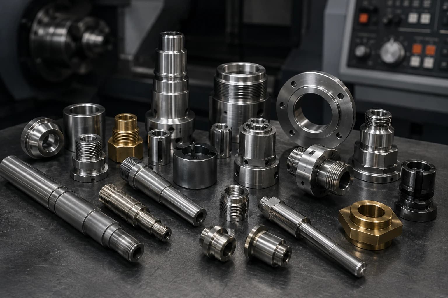 Collection of industrial turned parts: shafts, bushings, connectors, and threaded components in steel and aluminum on a workbench