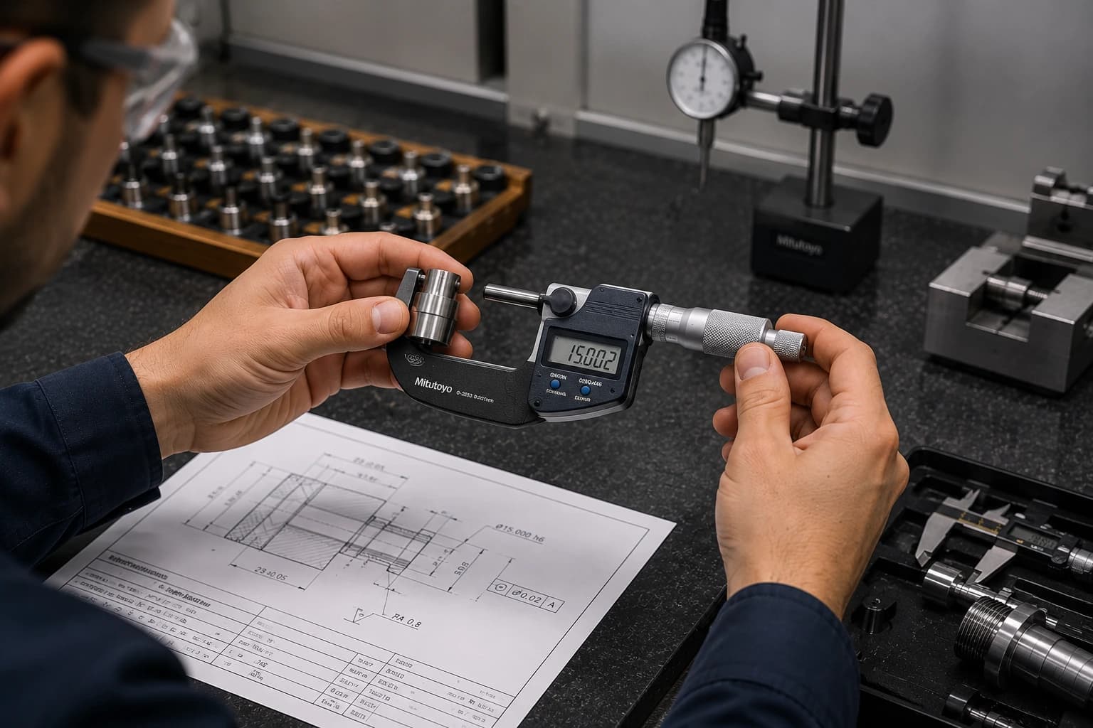 Operator measuring a turned part diameter with an outside micrometer next to a technical drawing on an inspection bench