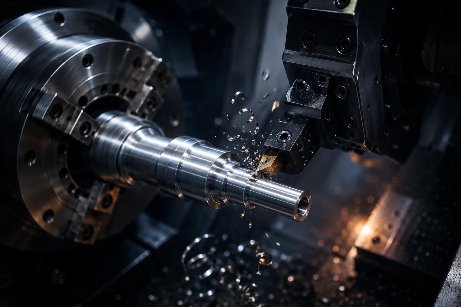 CNC lathe machining a cylindrical steel part with chip flow and a finishing tool during a turning operation