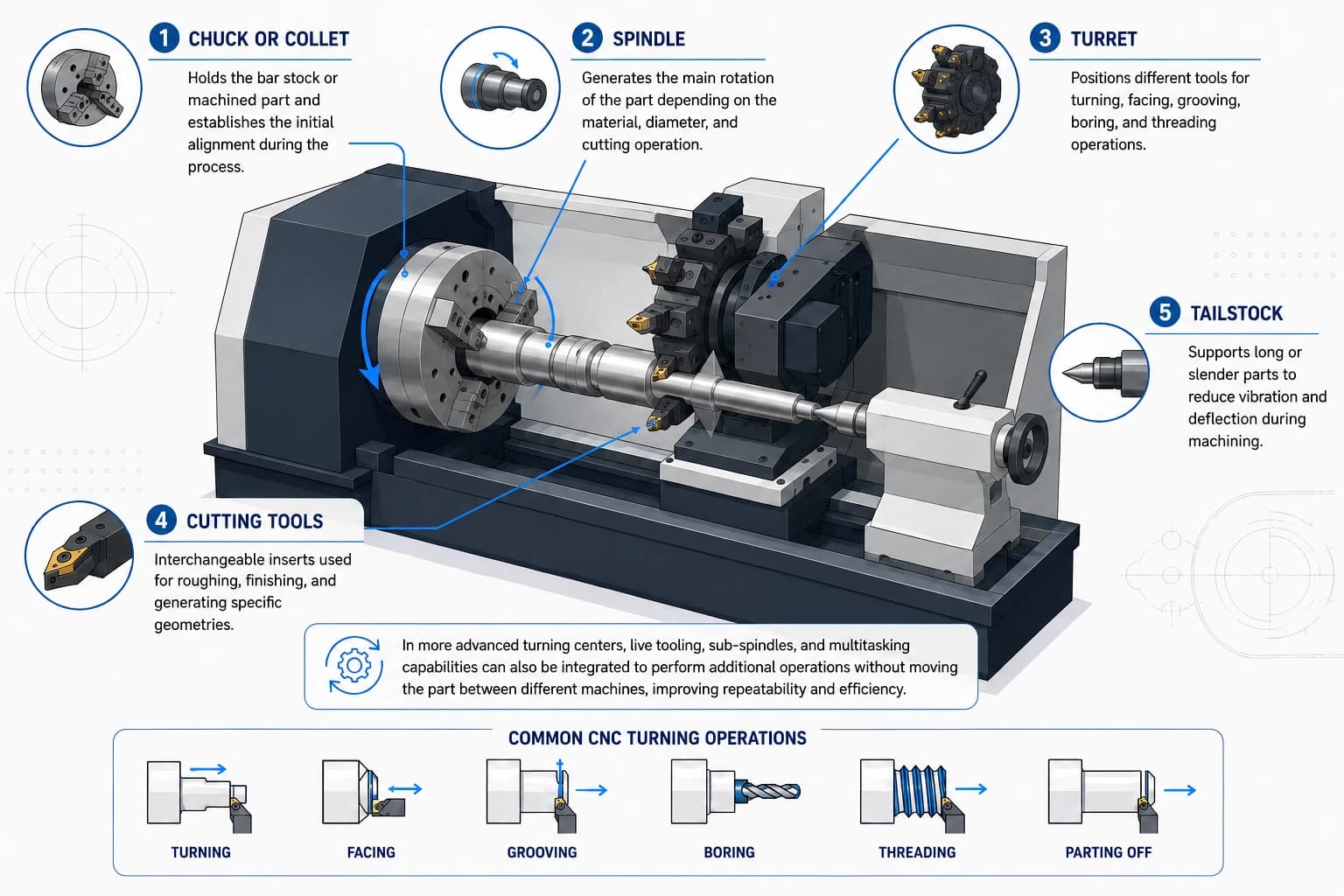 CNC lathe diagram labeling chuck, spindle, turret with insert, cutting tool, and tailstock on a long cylindrical part