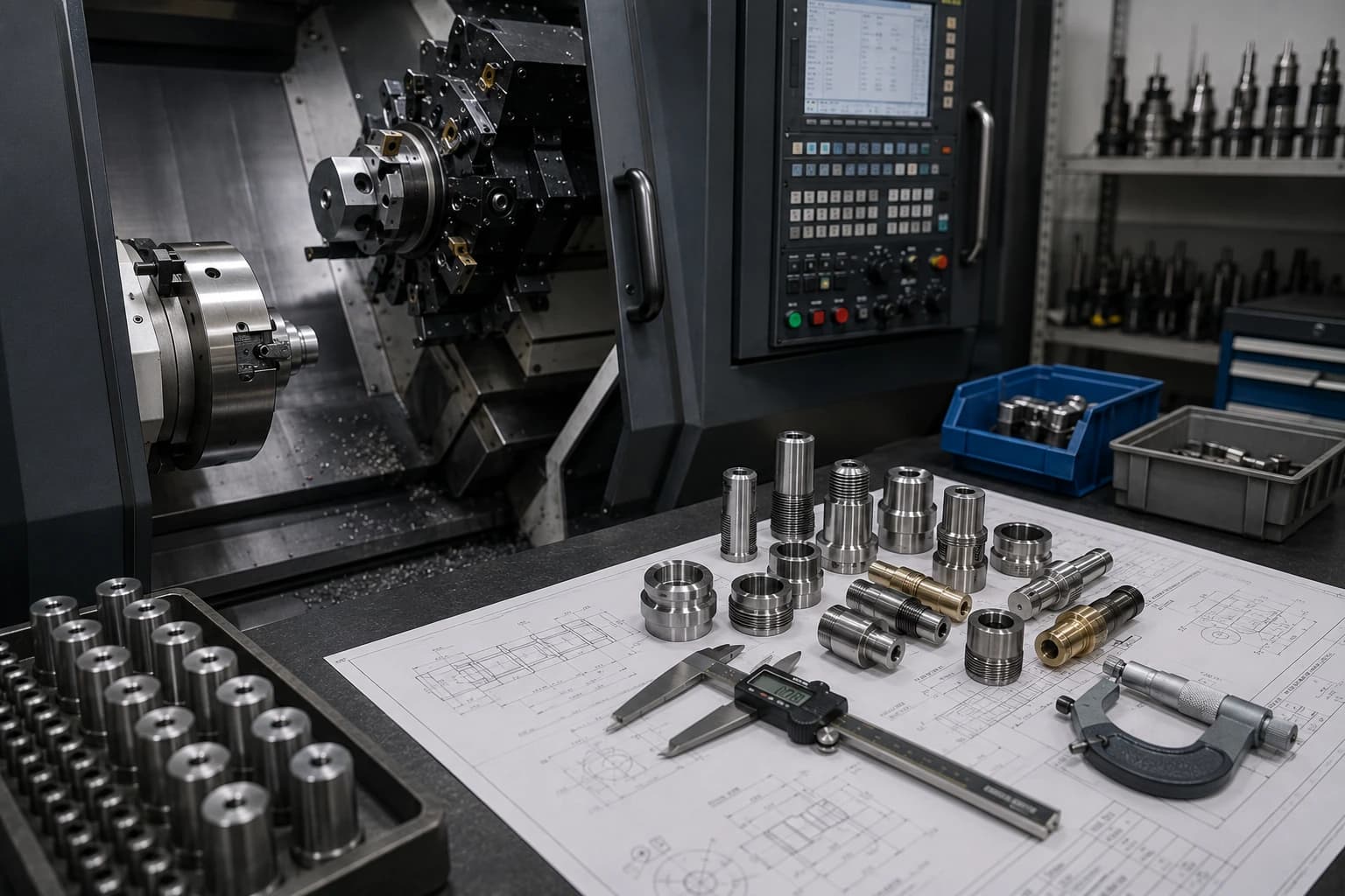 Precision turned aluminum and steel parts ready for inspection on a CNC shop workbench