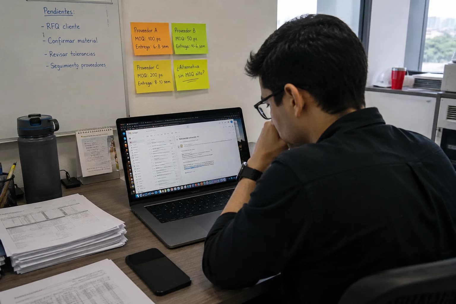 Engineer in an office reviewing a quote email on a laptop; whiteboard with pending items (RFQ, material, tolerances) and sticky notes with high MOQs and 4–10 week lead times from different suppliers