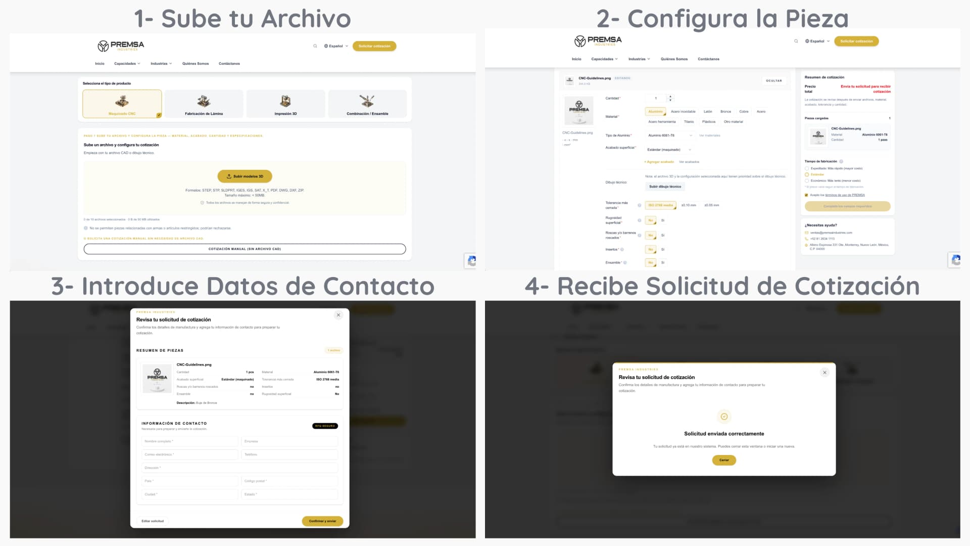 Infografía de 4 pasos del cotizador PREMSA: subir archivo CAD y elegir maquinado CNC, configurar material y cantidad, capturar datos de contacto y confirmar solicitud enviada