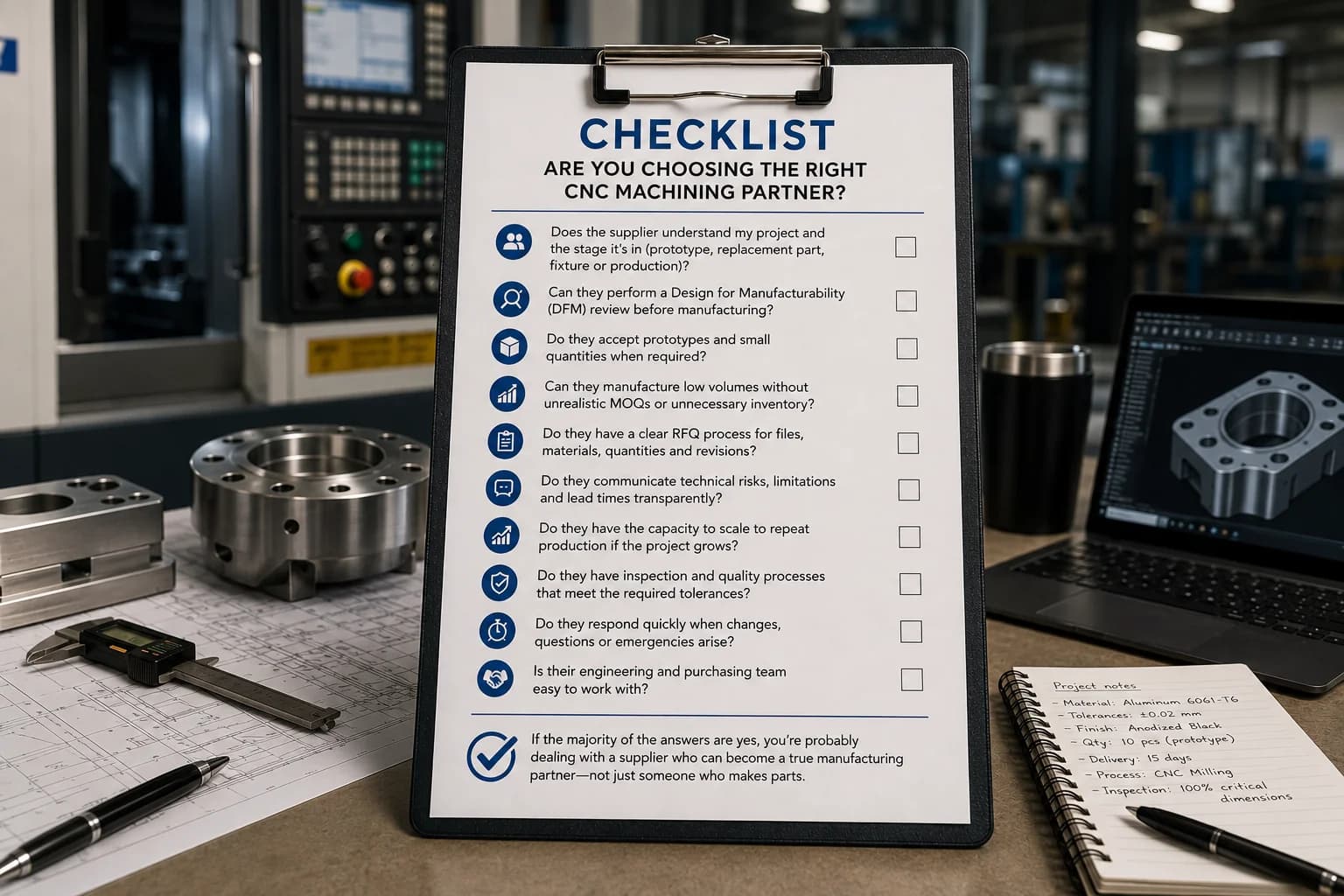 English checklist infographic with nine criteria for choosing a CNC machining partner in Monterrey: RFQ, DFM, prototypes, low volume, communication, quality, and inspection