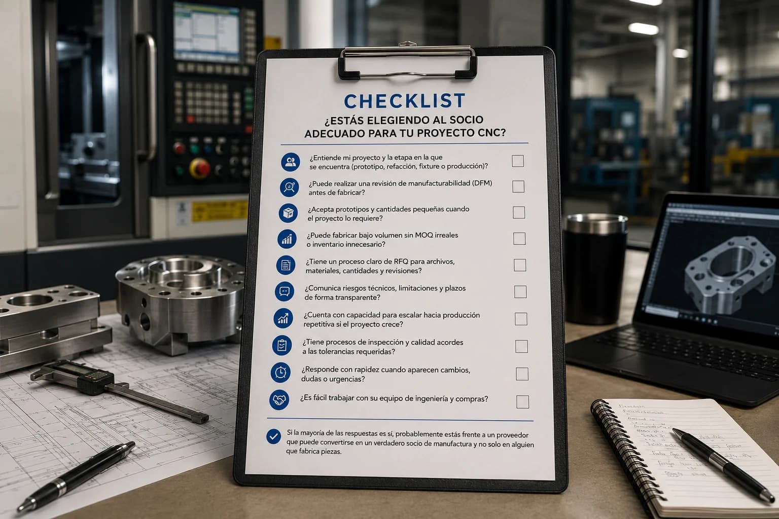 Infografía checklist en español con nueve criterios para elegir socio de maquinado CNC en Monterrey: RFQ, DFM, prototipos, bajo volumen, comunicación, calidad e inspección