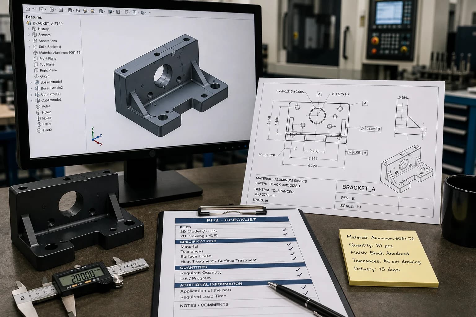 Engineering desk with monitor showing STEP model, printed PDF drawing with tolerances, and CNC quote checklist