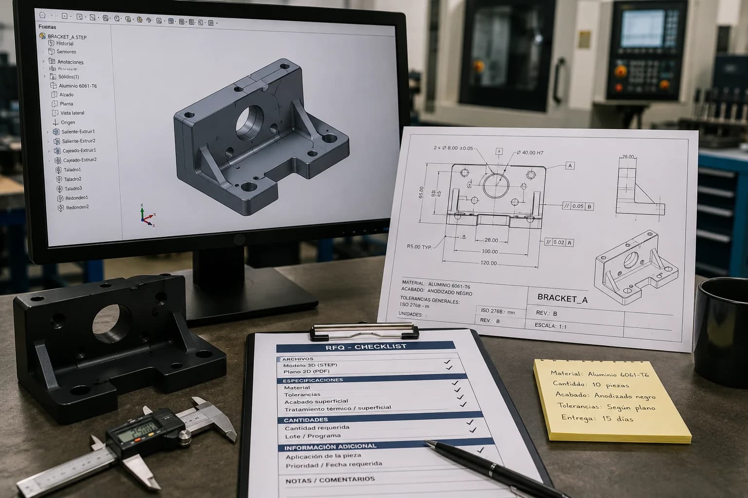 Escritorio de ingeniería con monitor mostrando modelo STEP, plano PDF impreso con tolerancias y lista de verificación de cotización CNC