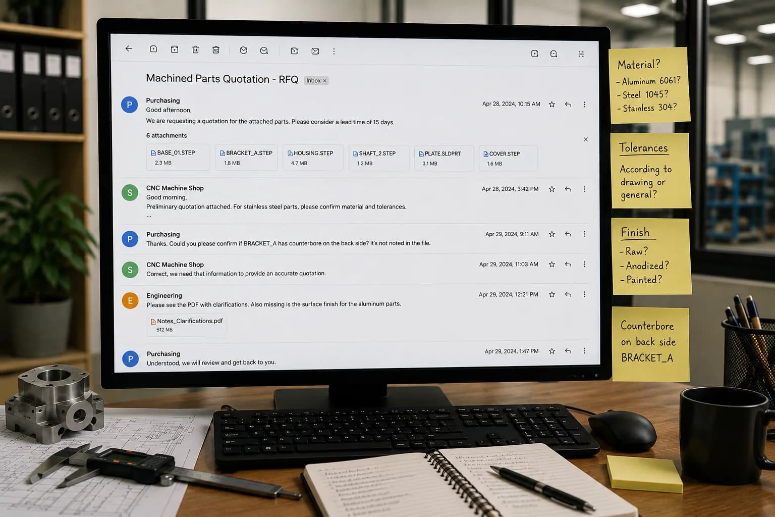 Email screen with a long CNC quote thread, messy attached STEP files, and sticky notes with pending questions about material and tolerances