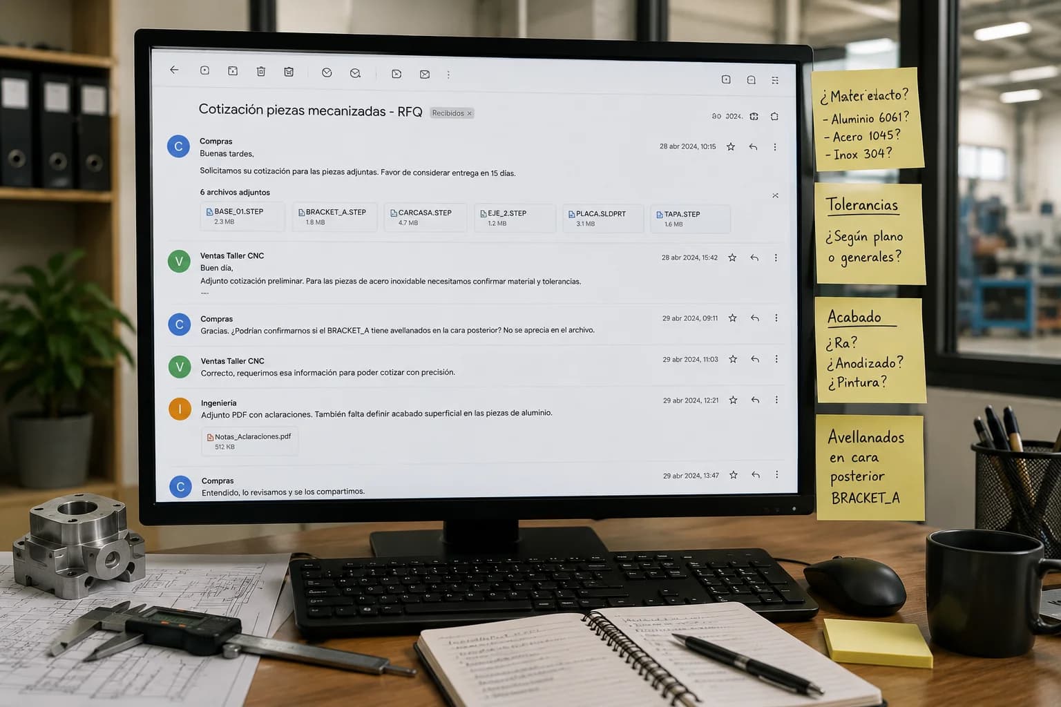 Pantalla de correo con cadena larga de cotización CNC, archivos STEP adjuntos desordenados y notas adhesivas con preguntas pendientes sobre material y tolerancias