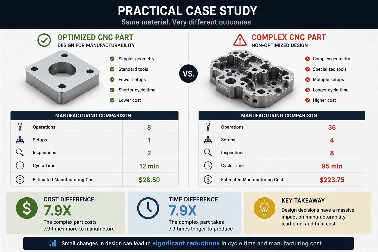 Comparison between an optimized CNC part and a complex CNC part showing differences in cycle time and manufacturing cost